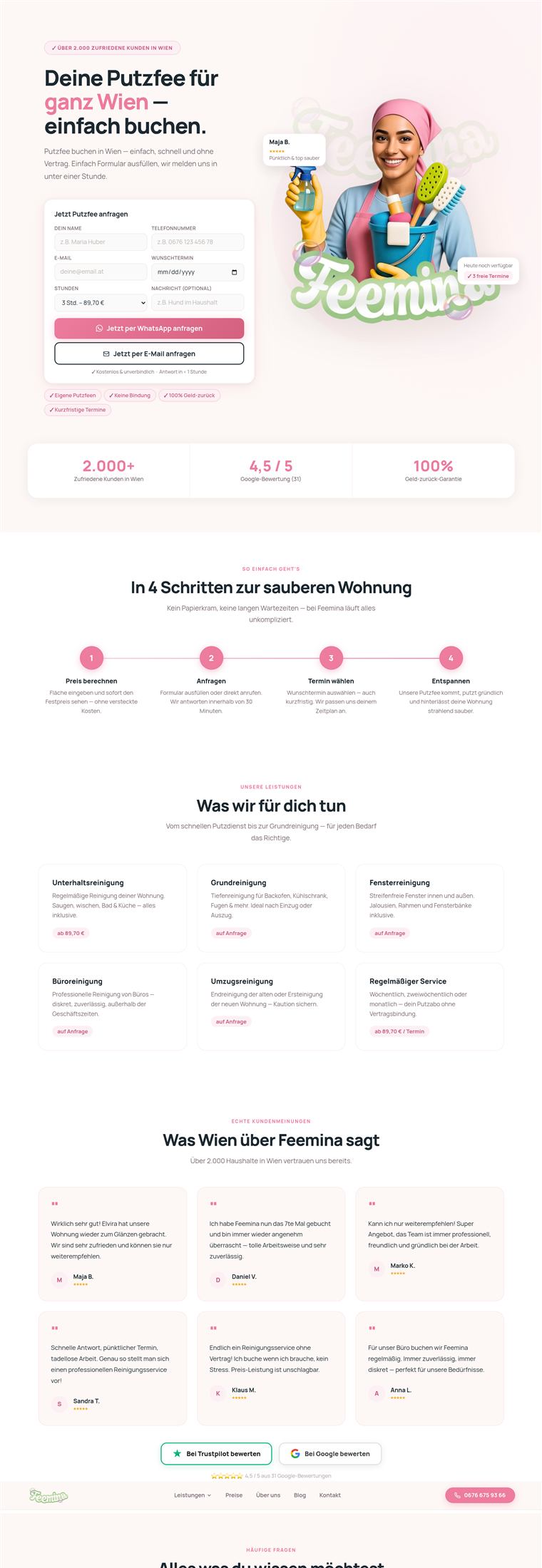 Website-Screenshot: Feemina – Putzfee buchen in Wien
