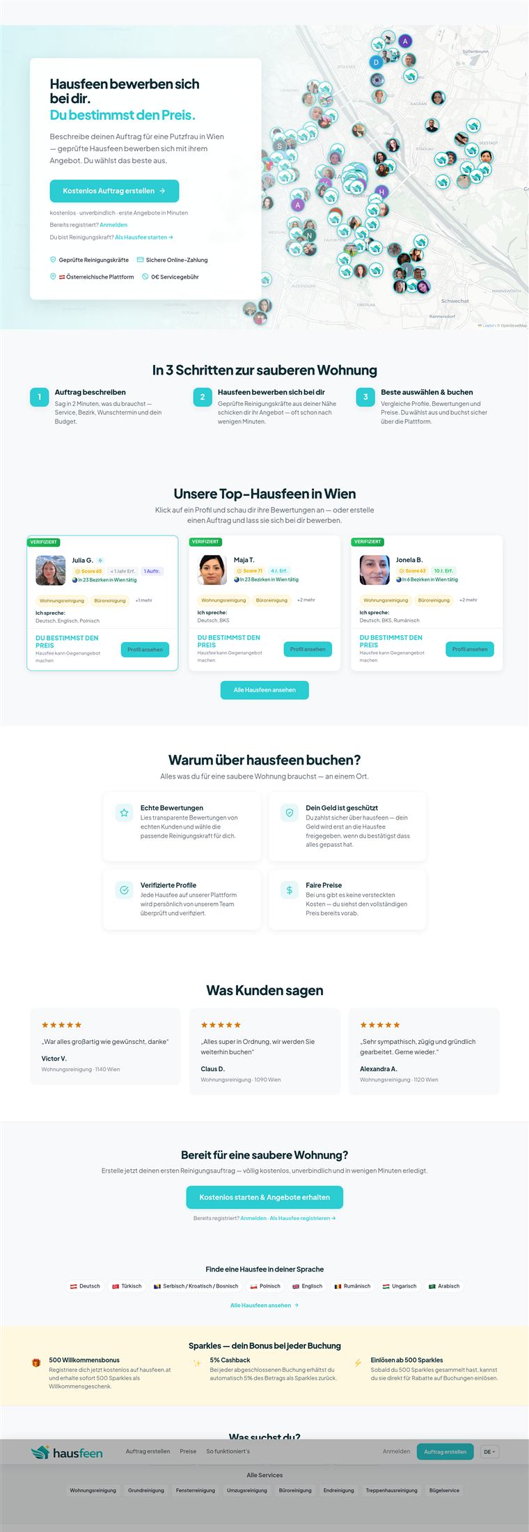 Website-Screenshot: Hausfeen – Putzkräfte-Plattform in Wien